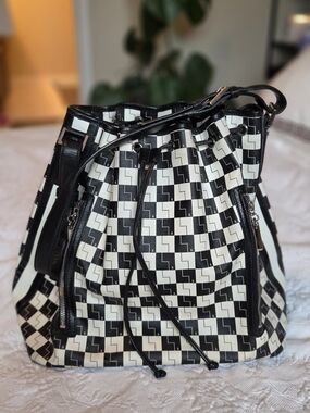 L.A.M.B. Gwen Stafani - Black & White Geo-Pattern Drawstring Shoulder Bag